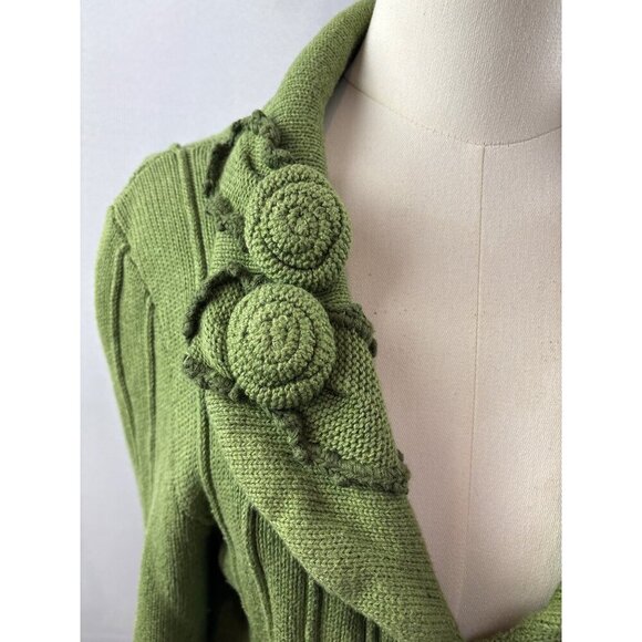 Cabi Green Knit Cardigan Sweater M Floral Crochet Detail Button Front 100% Cotto - Picture 3 of 7